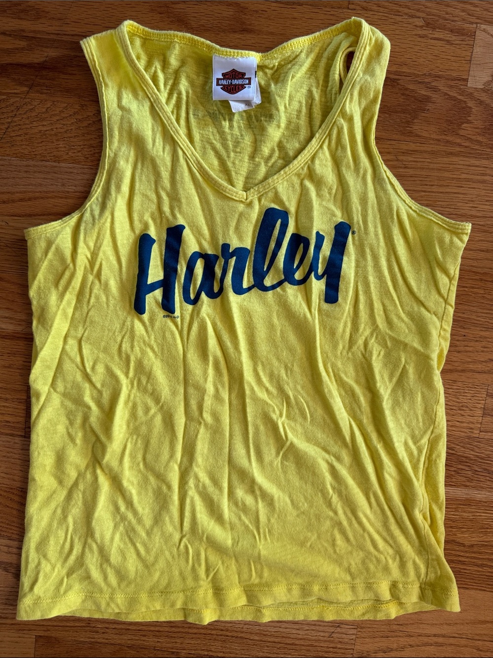 Harley-Davidson Yellow Tank with Navy Script 2013 Okoboji Iowa